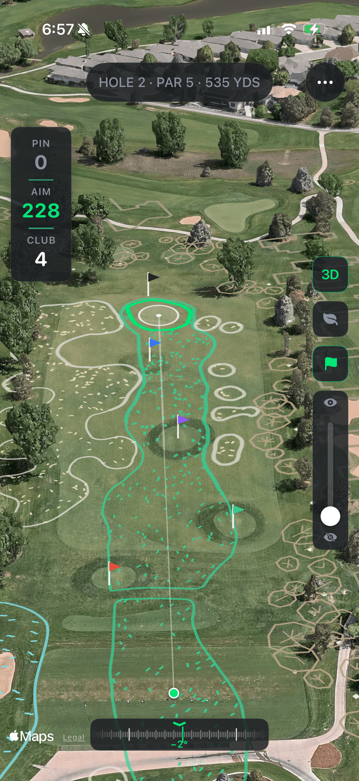 A Par 5 hole projected onto a driving range, with the course geometry overlaid in green and a pin yardage card.
