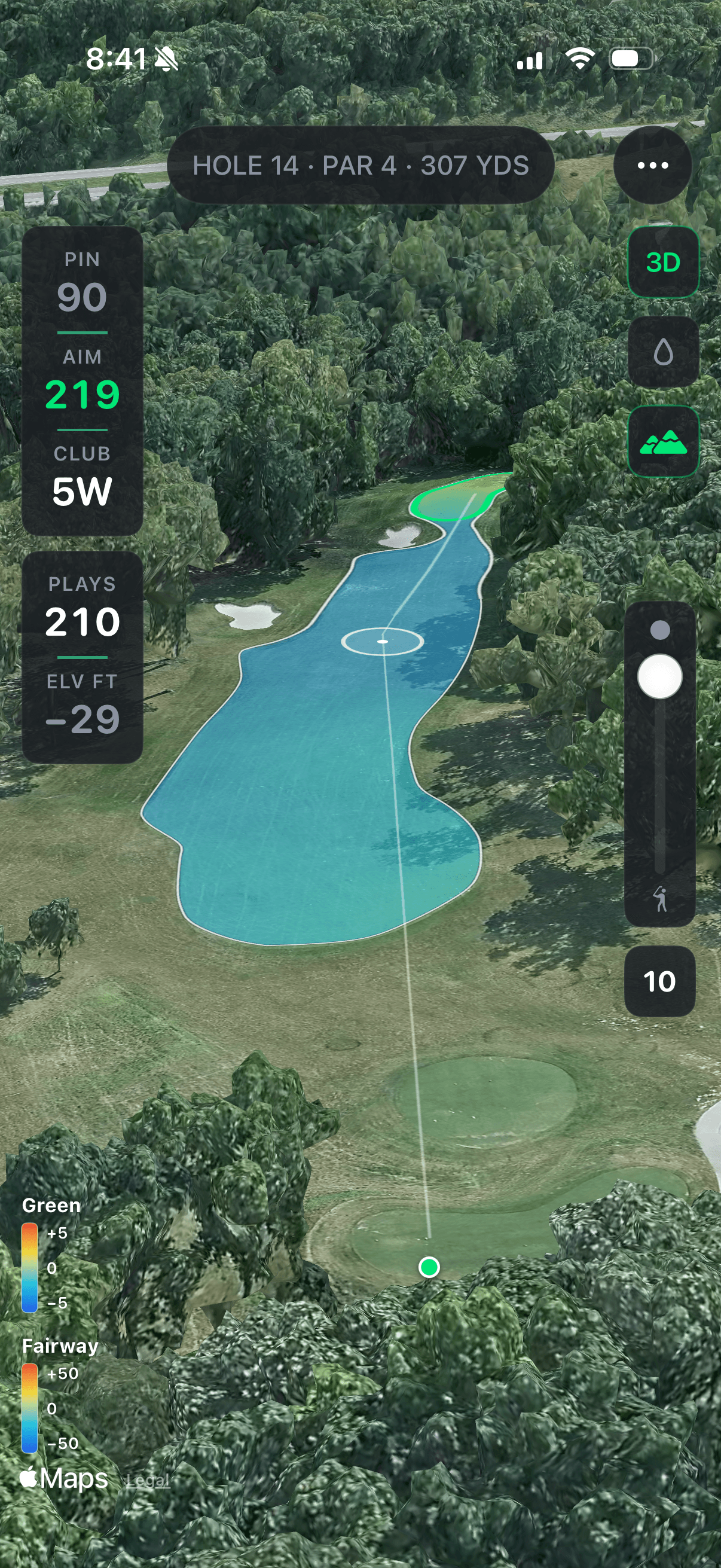 Hole 14, Par 4, rendered in 3D with tree and terrain detail from Aerial LiDAR, plus a green/fairway elevation legend.