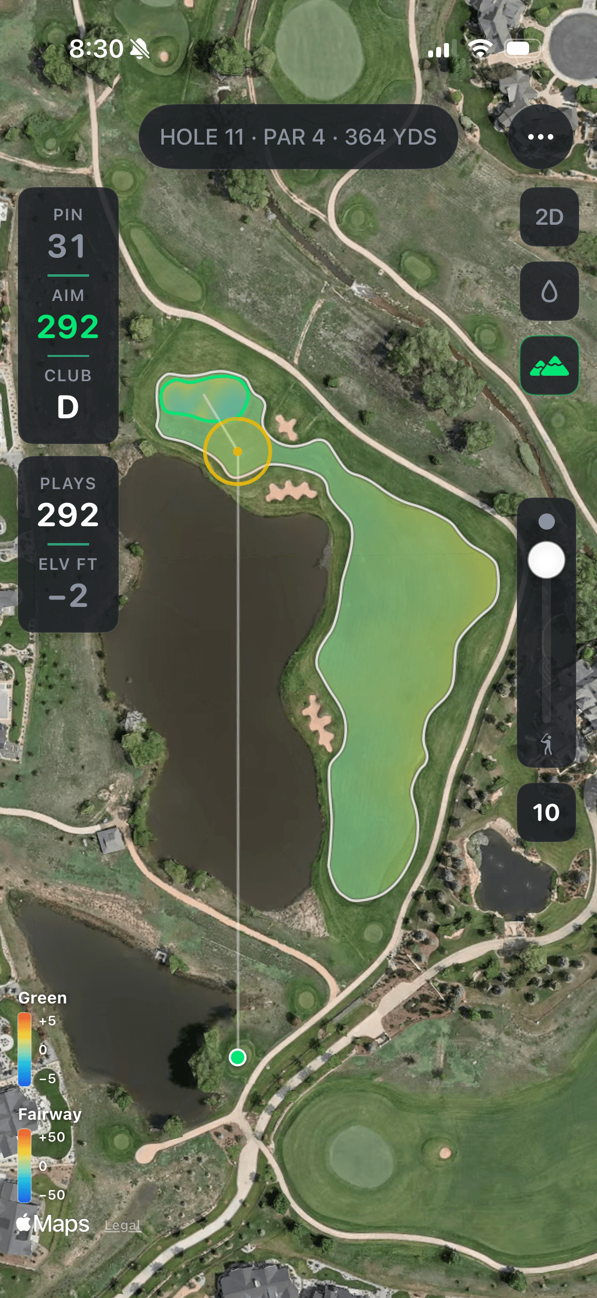 Hole 11, Par 4, in 2D scouting view with the green complex, fairway, water hazard, and aim line.
