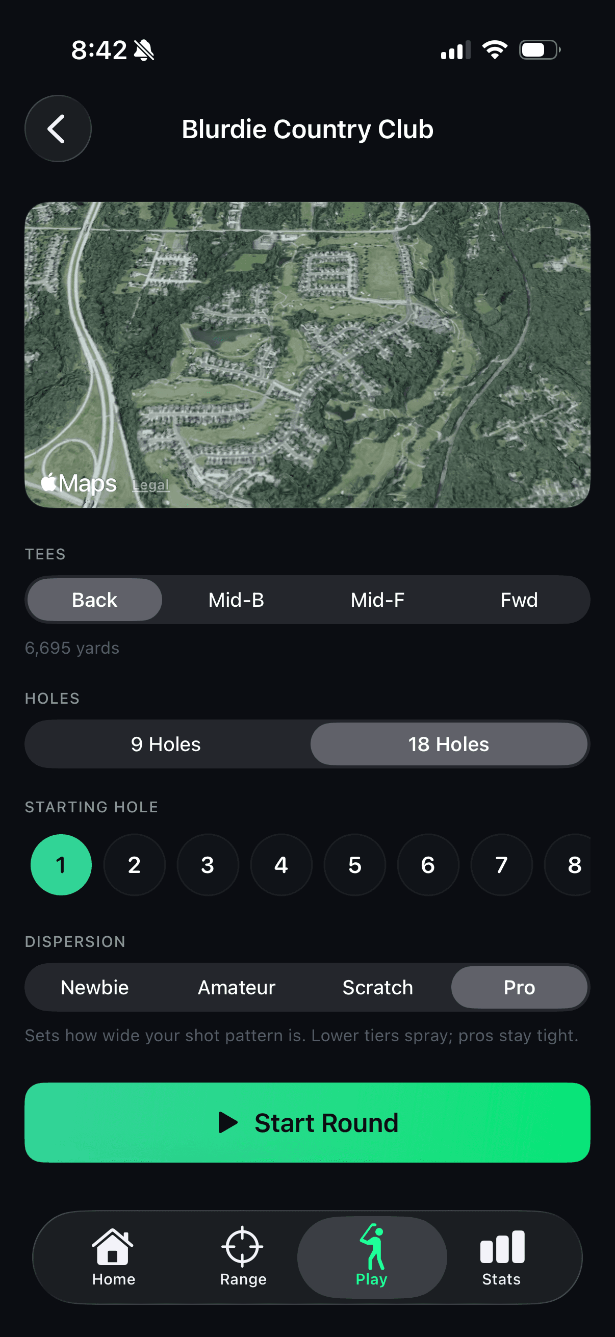 Round setup screen for Blurdie Country Club, with tee choices, hole count, starting hole, and a dispersion picker — Newbie, Amateur, Scratch, Pro.